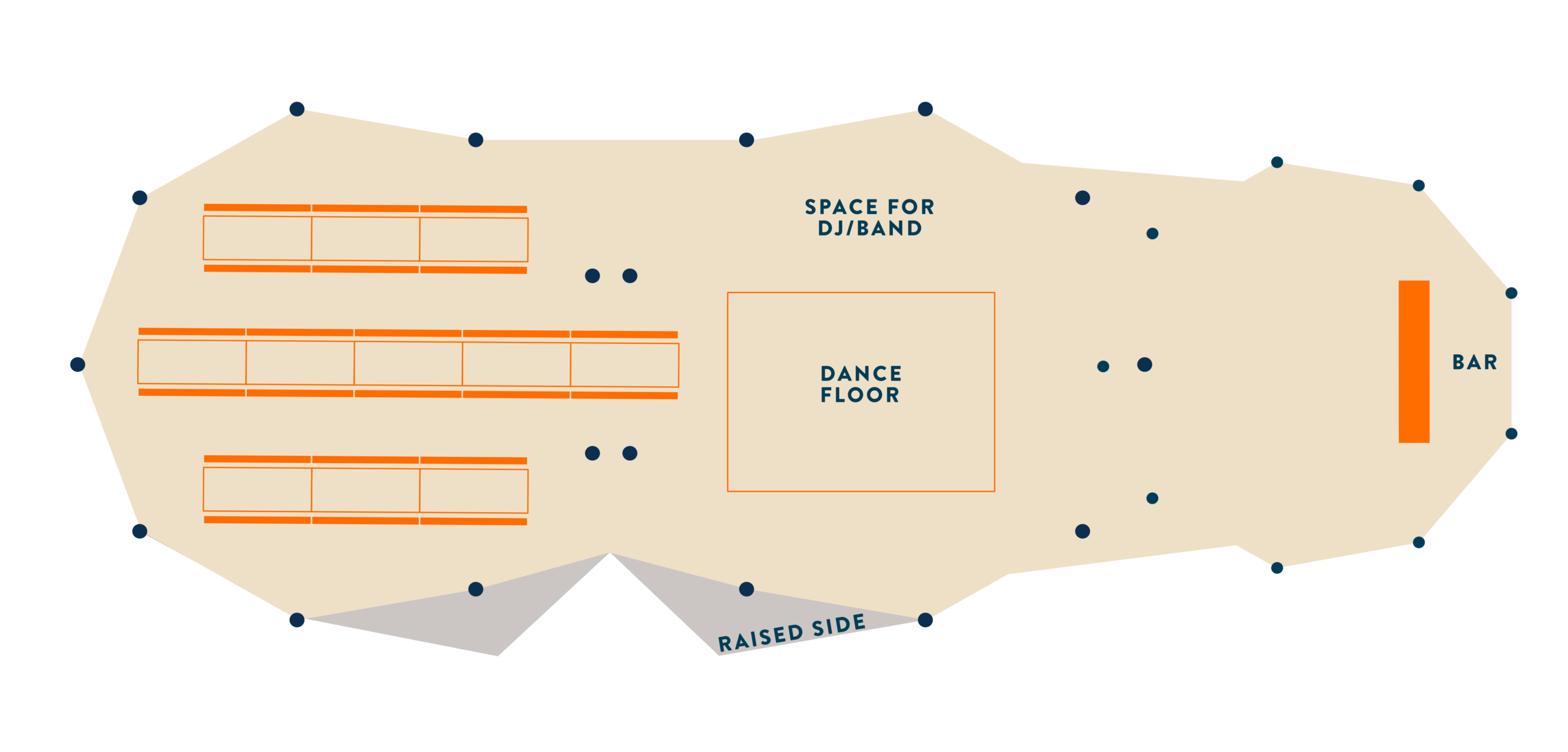 Tipi diagram with dining, dance floor and bar