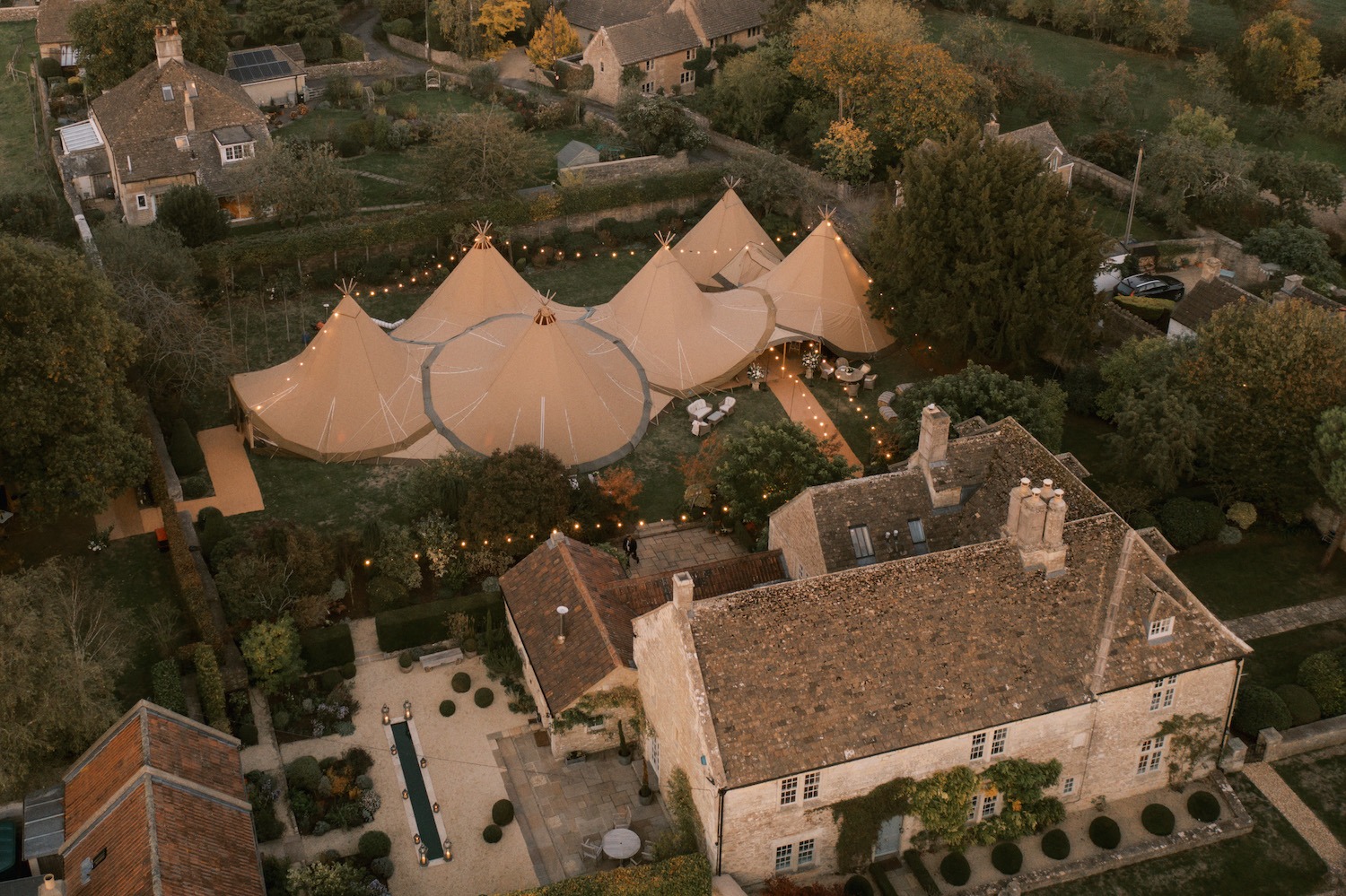 Six wedding tipis aerial view of wedding venue
